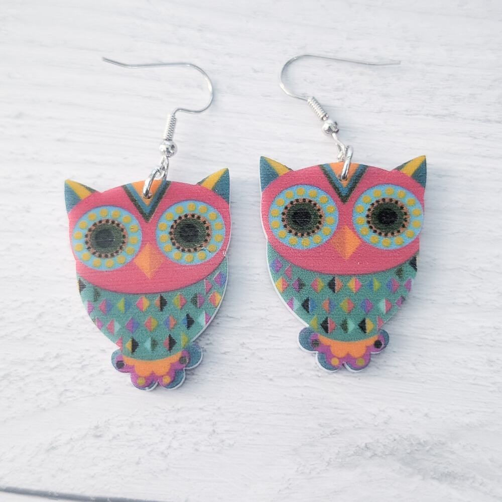Multi Colored Owl Dangle Hook Earrings - New
